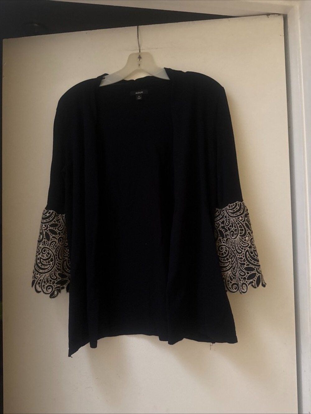 Alfani Black Evening Wear Open Front Cardigan Sz PM W/ Open Cut Work On Sleeves
